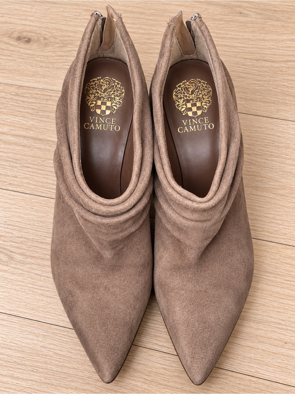Vince Camuto Taupe Suede Pointed Toe Ankle Booties